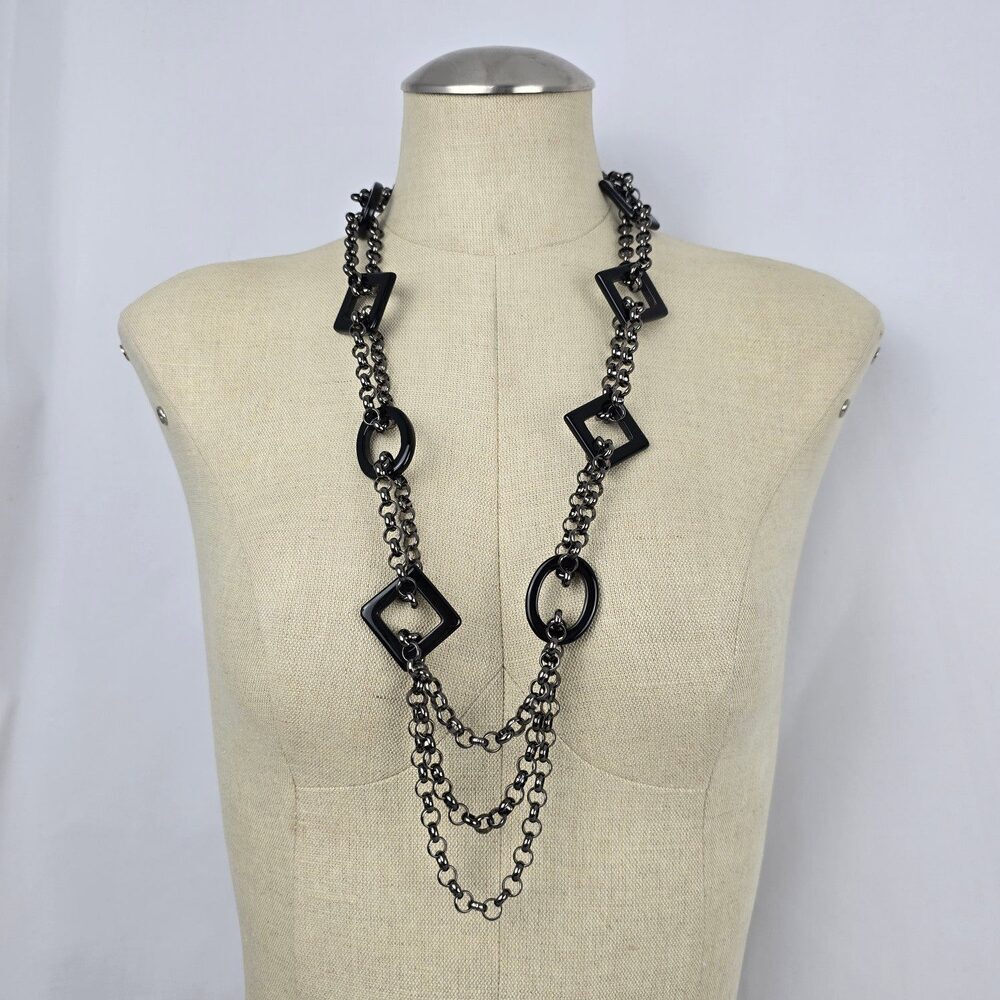 Statement Black Necklace Gunmetal Chain Links Acrylic Square Geometric